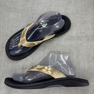 Olukai Ohana Beach Sandals Gold Black Flip Flops Floral Print Women's Size 9
